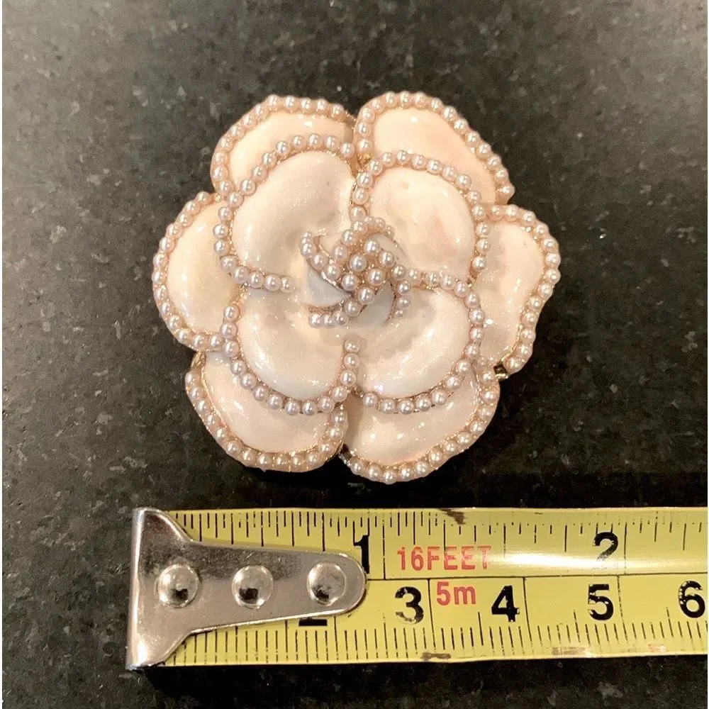 Camellia Lapel Pin in White Enamel with Faux Pearls & Gold Tone Bro-Brooch